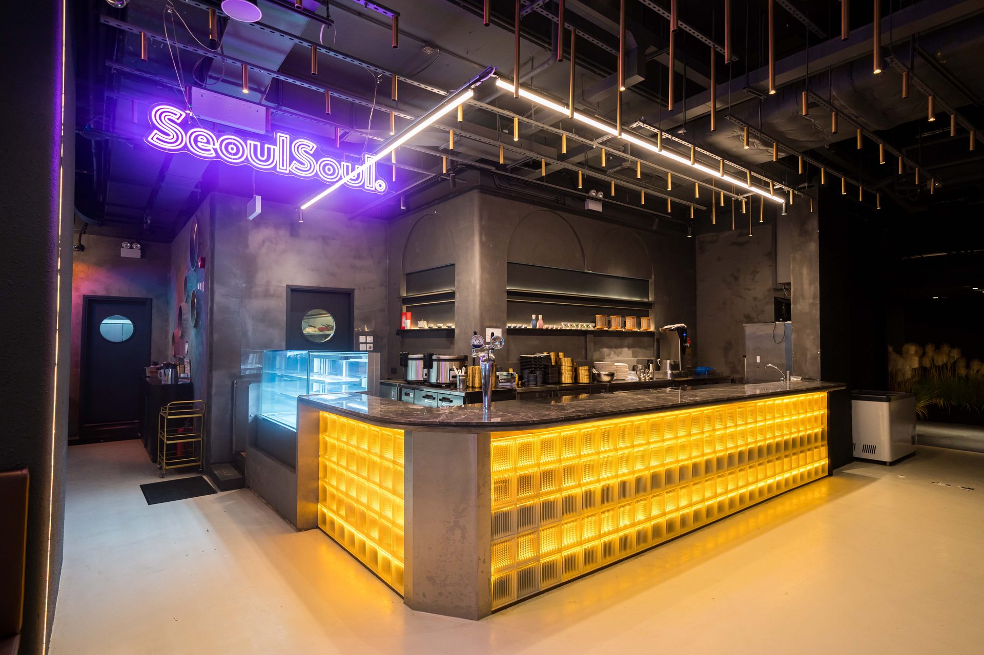 Seoul Soul bar counter with neon sign